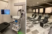 上部消化器内視鏡の最新機器(左)と処置後のリラクゼーションルーム