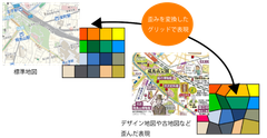 Cube Earthの格子の形を地図に合わせて歪み変換することで、古い地図や手書き地図でも正しく標準地図と位置を合わせ、GPSの位置表示を実現する新しい変換ロジックを採用