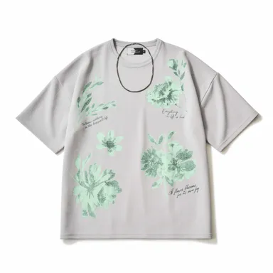 梨地フラワープリントT(ネックレス付) GRAY