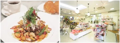 (左から)大麦牛のハンバーグ 2種のソース ラ・ローズ風￥2,080(税込)、「ローズショップ」ローズの香りのフレグランスなどバラグッズがいっぱい！