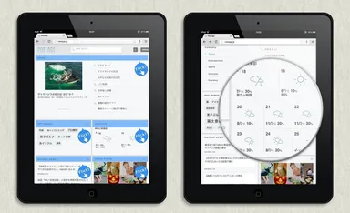 各パネルのタイトル(水色部分)をフリックするとパネルが展開する(左)／天気パネルを展開すると週間天気が表示される(右)