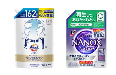 (左)アタックZEROつめかえ用　(右)トップ スーパーNANOX ニオイ専用 つめかえ用超特大