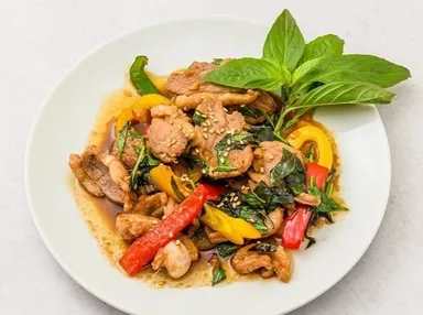 鴨肉五目野菜バジル炒め