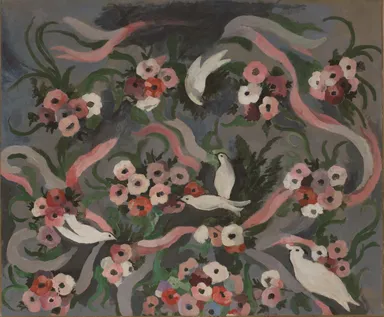 マリー・ローランサン 《鳩と花》  1935年頃　油彩／キャンヴァス（タペストリーの下絵） マリー・ローランサン美術館　(C) Musee Marie Laurencin