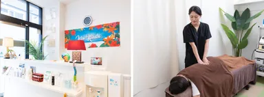 「いちょう街道整骨院」受付(左)と、施術の様子