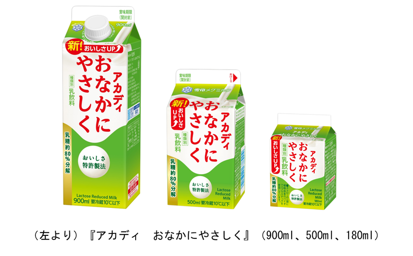 「おいしさＵＰ！」 おなかにやさしい乳飲料
『アカディ おなかにやさしく』(900ml、500ml、180ml)