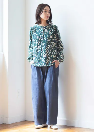 オーガニックコットンストレッチ水面柄ギャザースリーブトップ　税込9,790円