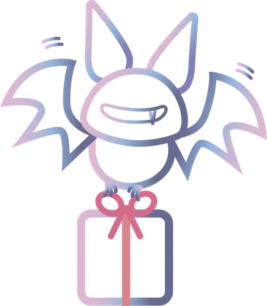 キャラクターのコウモリがプレゼントを運ぶ