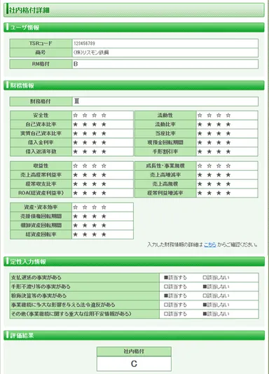 社内格付詳細画面
