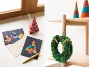 手漉き紙のクリスマスカード、ホテイアオイのクリスマスリース、リサイクルサリーのクリスマスツリー