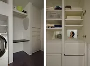 洗濯機や作業台を設置　衣家事を1つの空間で行える洗濯室（左） 洗面室・脱衣所とランドリーをつなぐ両面収納（右）