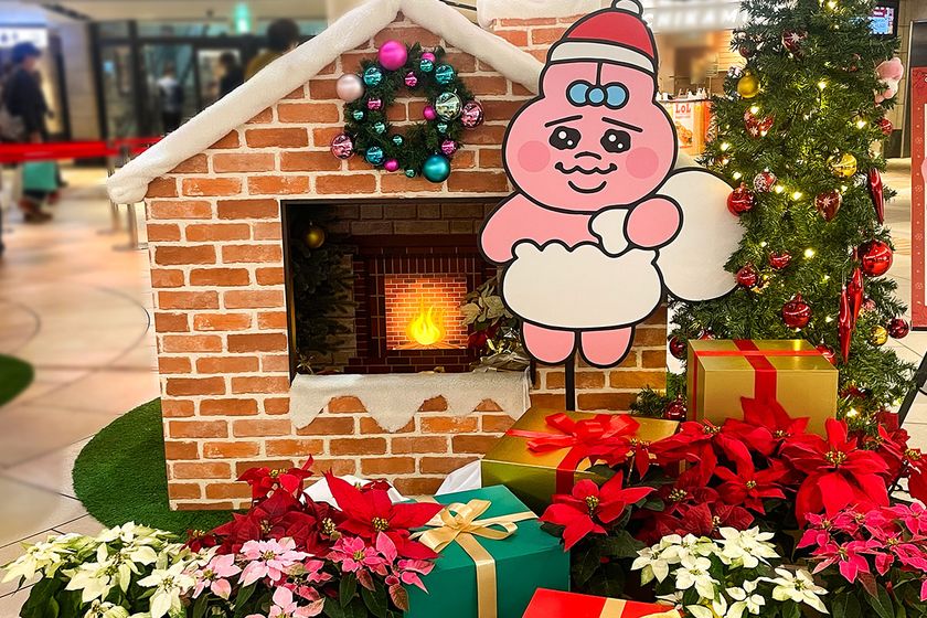 ポインセチアに囲まれたサンタクロース姿の
「おぱんちゅうさぎ」が登場！
ホワイティうめだのクリスマス装飾を日比谷花壇が担当しました。