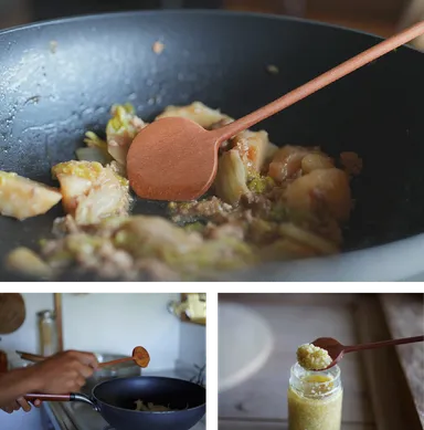 調味料を掬って、そのまま炒められる