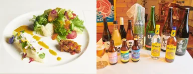 色鮮やかな鴨川産エディブルフラワーと旬野菜のサラダ／鴨川クラフトビール､地酒､自家製ジュースなどドリンクのラインナップも充実