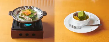 左：さんが焼き／右：天草の小あんみつ