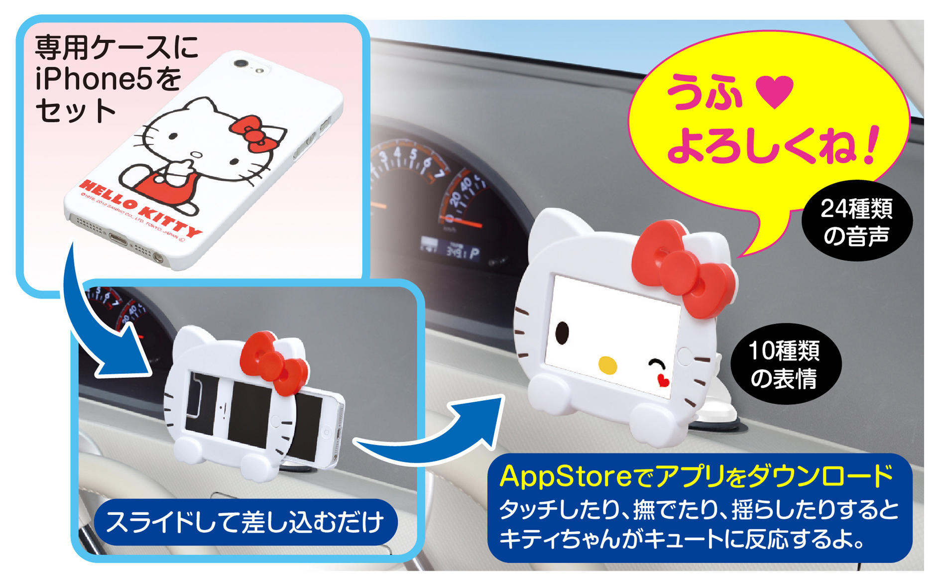 ハローキティの表情が変わる専用アプリで楽しくドライブ Iphone 5専用カー用品 ハローキティ フェイス型ホルダー 9月中旬発売 株式会社セイワのプレスリリース