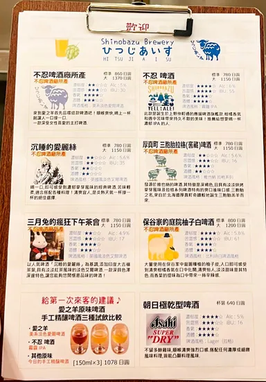 「シノバズブルワリー ひつじあいす」のビールメニュー表の中国語版