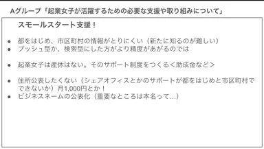 「起業女子が活躍するための必要な支援や取り組み」に関するアイデア