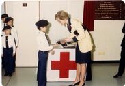 キャサリン・ウォーカー「イエローとネイビーのツーピース・スカートスーツ」 ※写真クレジット：Hong Kong Red Cross