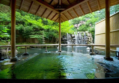 鯉が泳ぐ池を望める露天風呂