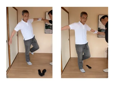 快足インソール使用で、片足立ちで前後・左右の圧力にも体がブレず体幹が安定