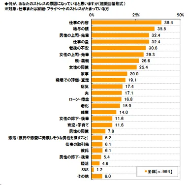 働く女性のストレスの原因　1位「仕事の内容」、2位「給与の額」、5位には「老後の不安」