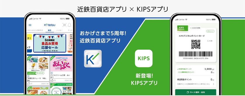 近鉄百貨店でのお買い物が便利に！
８月２９日(木)「KIPSアプリ」上での支払いサービスが
全店で利用開始
「近鉄百貨店アプリ」との連携で外商カード、
近鉄友の会会員証カードもご利用いただけます。
