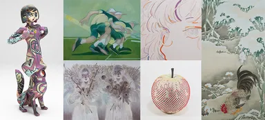 左から時計回りに：日野田 崇「地軸のずれる音」（2019年）撮影：福永 一夫、 北澤 観世「spot／空振り」（2024年）、平良 菫「Line with the purpose（部分）」（2022年）、 平井 美羽「雪中雄鶏図」（2023年）、岡安 真美「再生」（2023年）／参考作品、 大西 佑奈「秘密」（2021年）