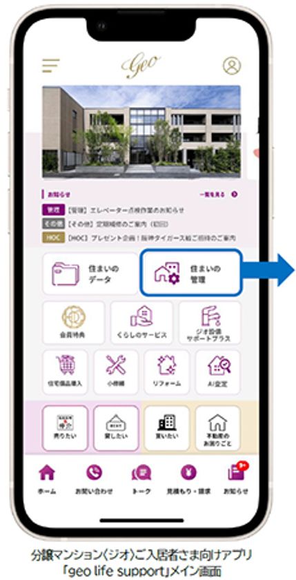 分譲マンション〈ジオ〉ご入居者さま向けアプリ
「geo life support」の新機能として
「住まいの管理」メニューおよびオンライン手続き
サービス“すまいのwebサポート”を追加