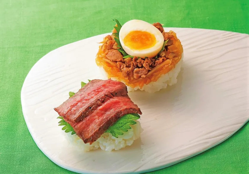 米沢 琥珀堂「米沢牛と山形県産はえぬき 新米のごちそうおむすび」 (右上)米沢牛すき焼き (左下)米沢牛ステーキ