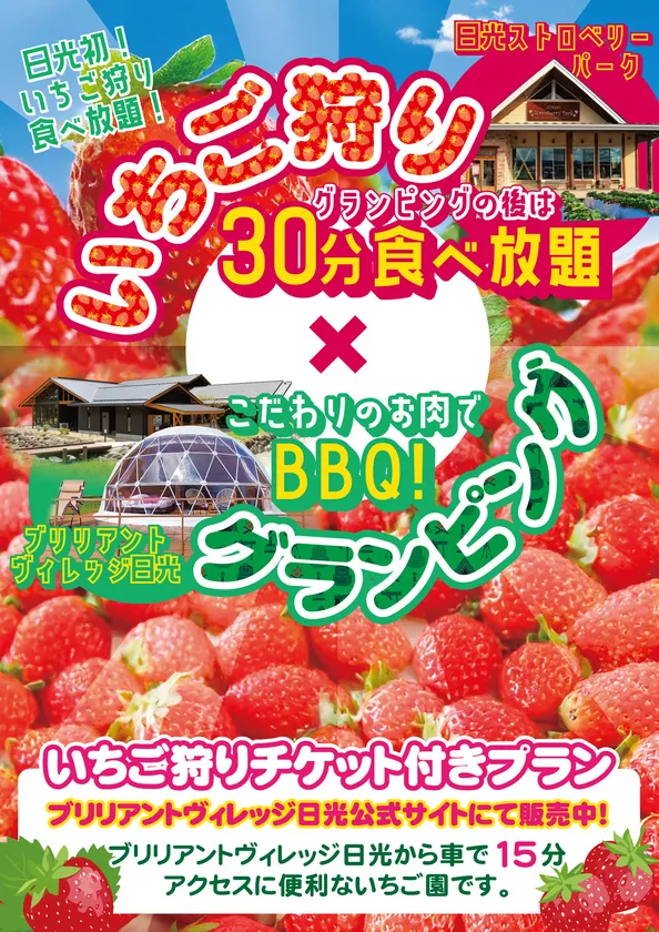 いちご狩りプラン ブリリアントヴィレッジから車で15分!日光ストロベリーパークいちご狩り30分食べ放題プラン