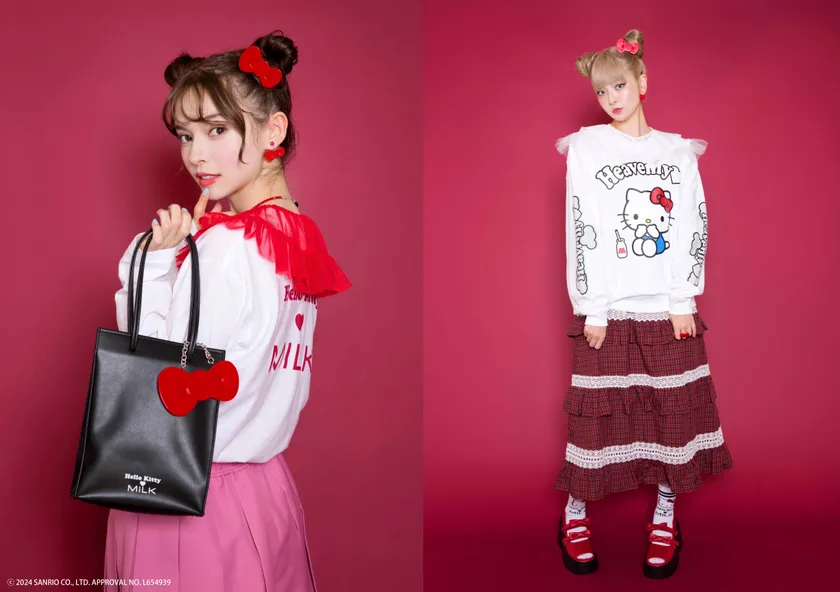 左)ロンT 7,920円/バレッタ 7,150円/バッグ 15,400円 右)スウェット 18,150円/バレッタ 7,150円/ソックス 3,850円(全て税込み)