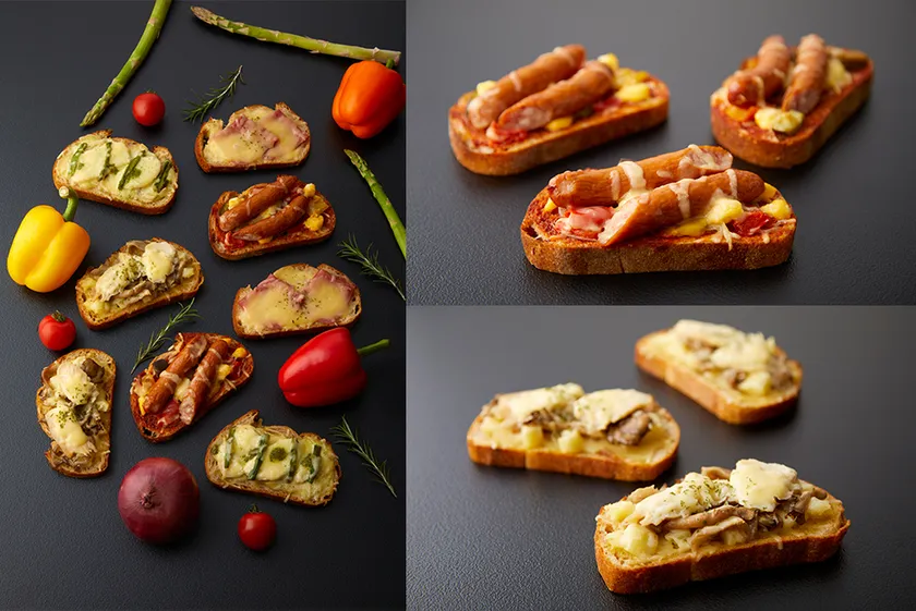 (左)新横浜店オリジナルの新商品「タルティーヌ」/(右上)あらびきスモークソーセージとグリル野菜のタルティーヌ 500円(税抜)/(右下)チキンときのこのタルティーヌ 460円(税抜)