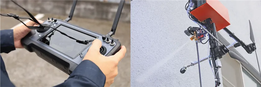 左:操作の様子、右:同ロボットによる高圧水噴射の様子