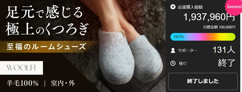 Makuake限定販売第1弾 目標金額1,937%達成