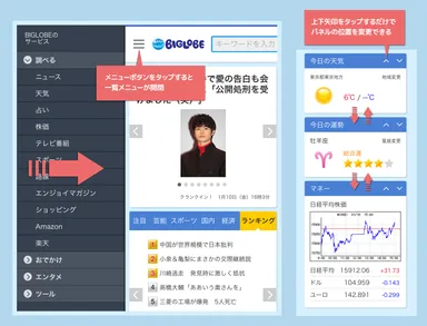 メニュー開閉操作・パネルの位置変更操作
