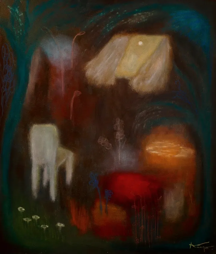 「月をみる部屋」455x530mm  acrylic,oilpastel