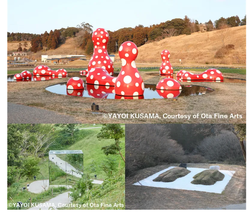 (上)「新たなる空間への道標」/草間 彌生(左下)「無限の鏡の間ー心の中の幻」/草間 彌生(右下)「ツチオとツチコ:55年後のBED PEACE」/島袋 道浩
