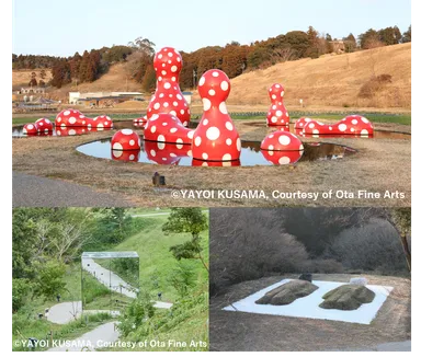 (上)「新たなる空間への道標」／草間 彌生(左下)「無限の鏡の間ー心の中の幻」／草間 彌生(右下)「ツチオとツチコ：55年後のBED PEACE」／島袋 道浩