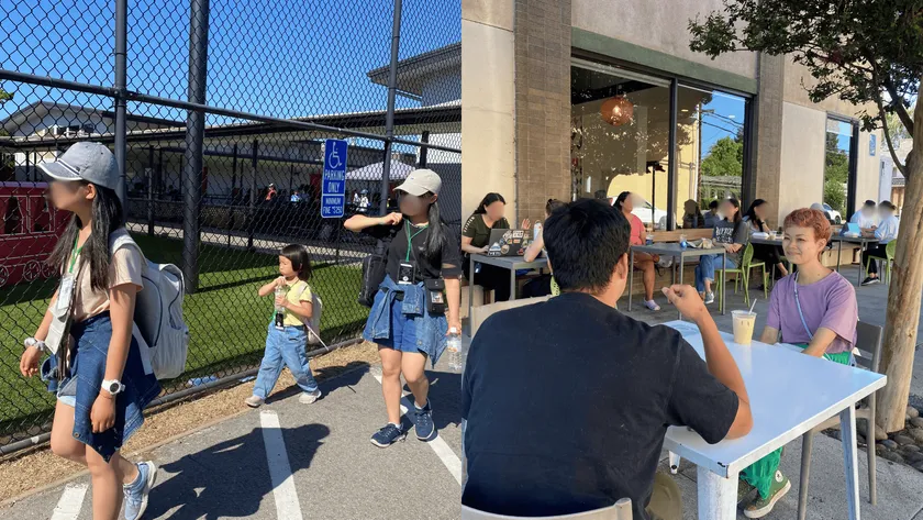 サマーキャンプに参加するこどもたちとカフェで現地在住の日本人と交流する親御さん