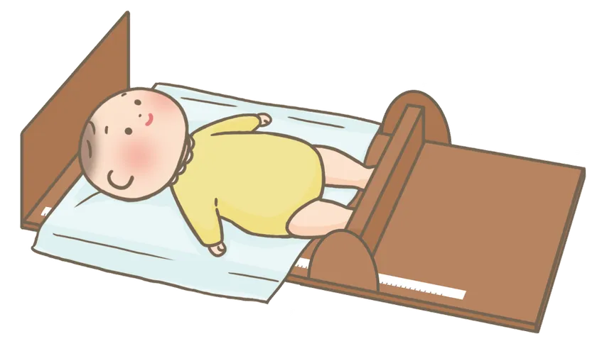 従来の乳児身長測定方法(2名の測定者が乳児の頭と足を保持し、測定版の間の距離を測る)