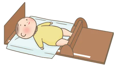 従来の乳児身長測定方法(2名の測定者が乳児の頭と足を保持し、測定版の間の距離を測る)