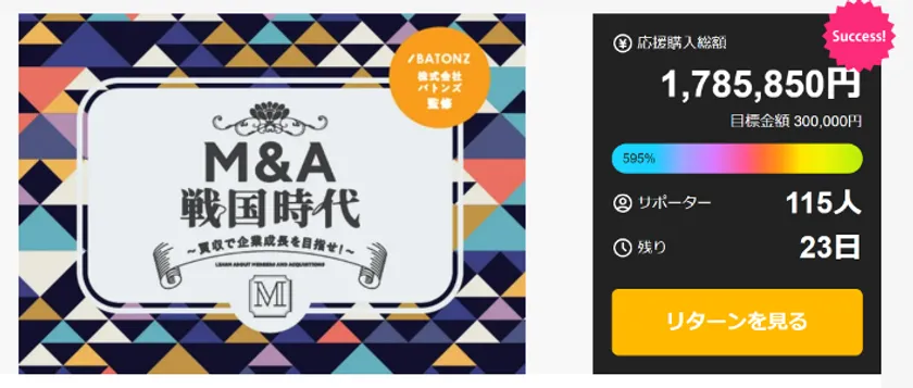 企業成長を体感できるボードゲーム【M&A戦国時代】クラウドファンディング目標金額 595%達成!