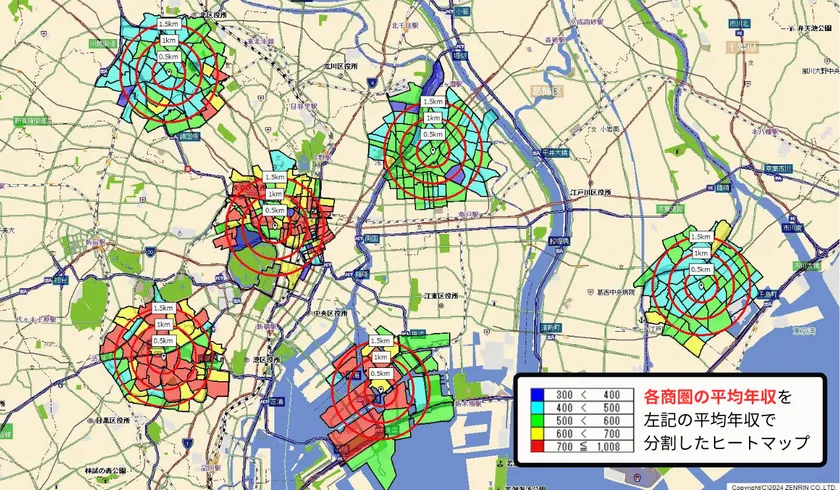 複数地点の商圏を平均年収でヒートマップ化した図