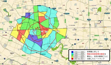 世帯数に対する特定年収世帯の割合をヒートマップ化した図