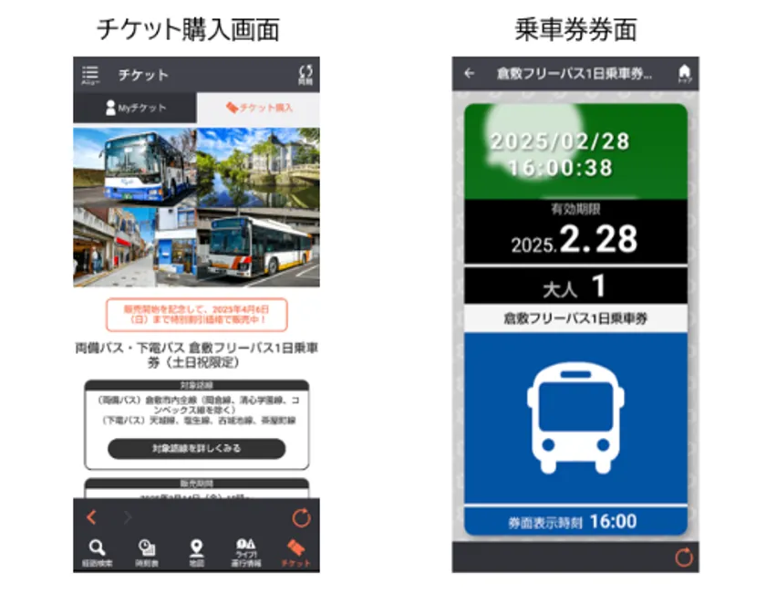 「倉敷フリーパス1日乗車券(土日祝限定)」画面