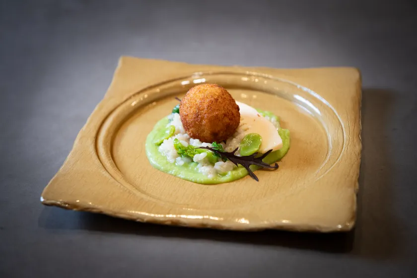 ふきのとうのクロケッタ 筍とそら豆のリゾット