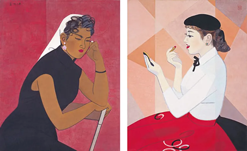 伊東深水《赤と白A・B》昭和31年(1956) 個人蔵