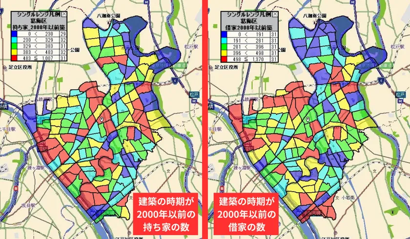 葛飾区の2000年より前に建てられた持ち家と借家の比較