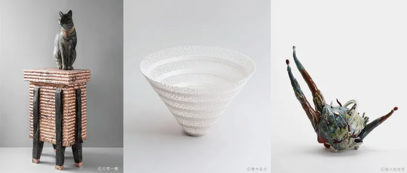 アーティストトークで登壇する工芸作家3名の作品(左から:三宅一樹、青木岳文、西久松友花)